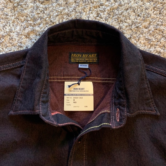 (NWT) Iron Heart 10oz Selvedge Denim Work Shirt - Indigo Overdyed Red (size M) - Picture 3 of 16